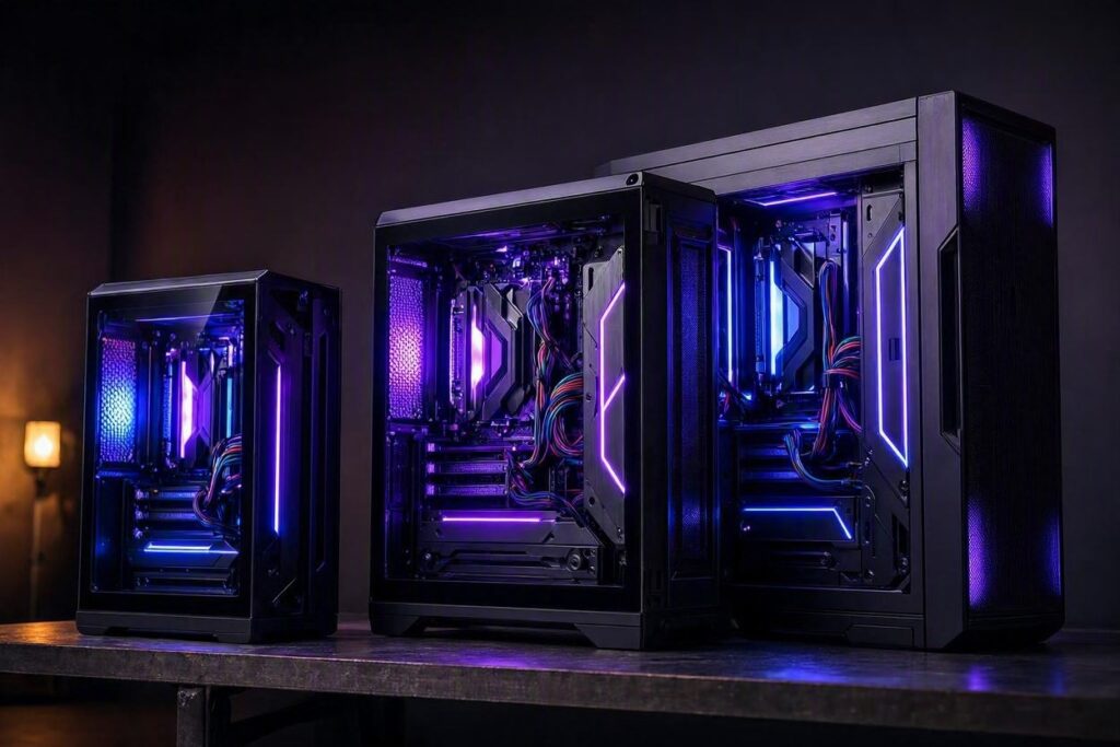 Três gabinetes de PC gamer com iluminação RGB roxa e azul, estilo Nerdesk