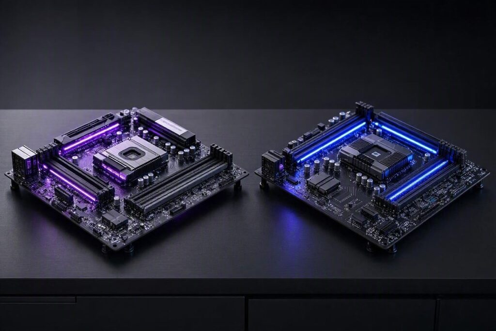 Duas placas-mãe lado a lado representando AM4 e AM5, com iluminação RGB roxa e azul, estilo Nerdesk