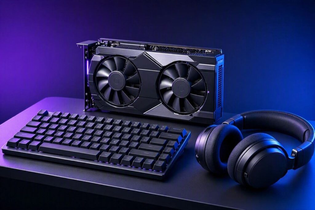 Placa de vídeo, teclado mecânico e headset com iluminação RGB roxa e azul para Black Friday, estilo Nerdesk