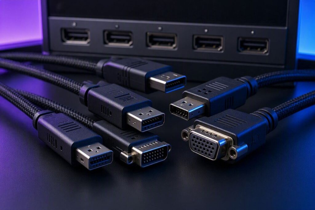 Conectores de vídeo HDMI, DisplayPort, USB-C e VGA com iluminação RGB roxa e azul, estilo Nerdesk