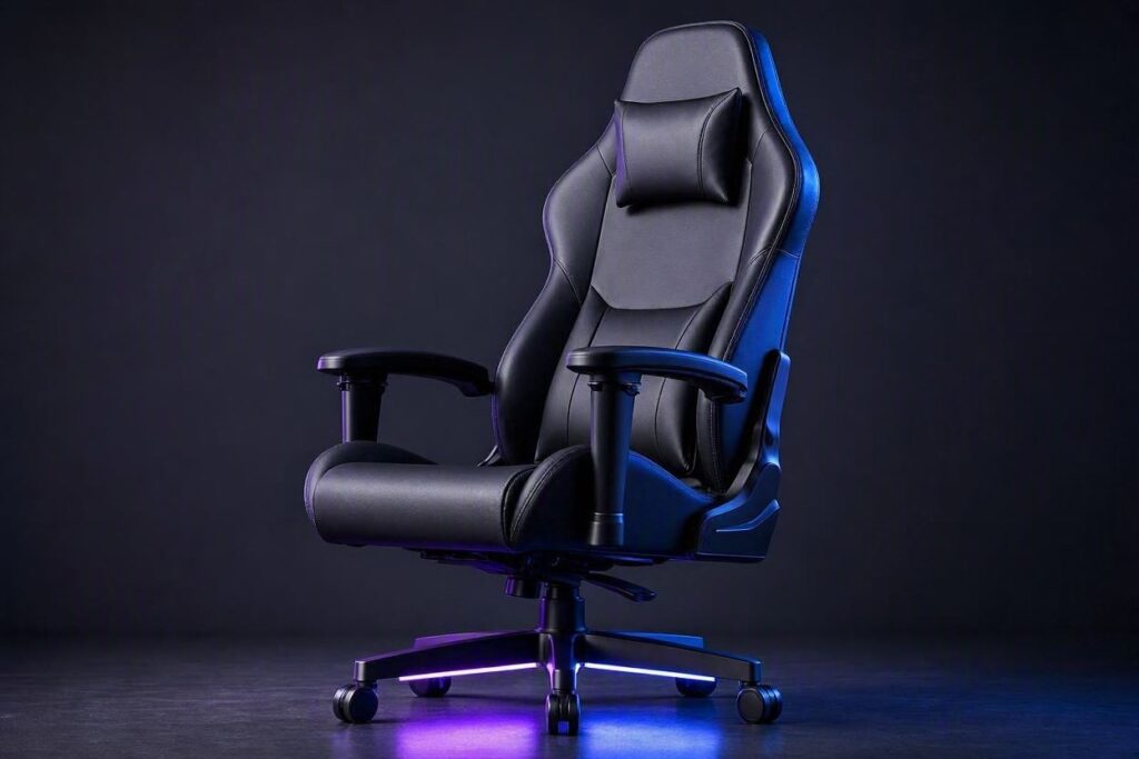 Cadeira gamer com iluminação RGB roxa e azul, estilo Nerdesk