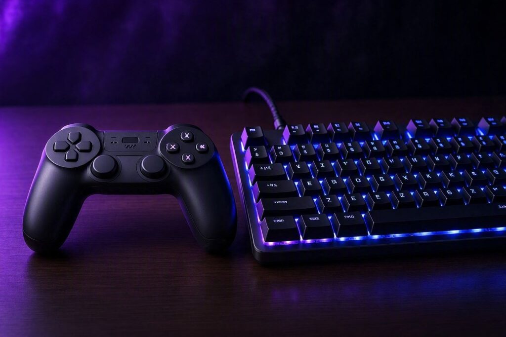Controle de console e teclado mecânico lado a lado com iluminação RGB roxa e azul, estilo Nerdesk