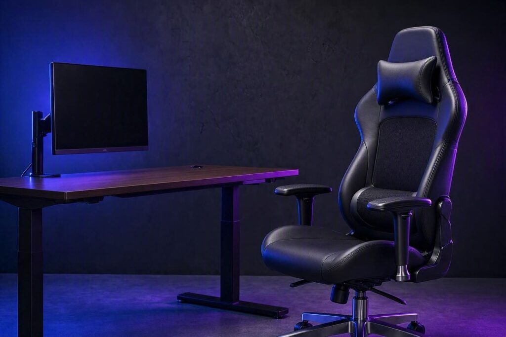 Cadeira ergonômica e mesa ajustável com iluminação RGB roxa e azul, estilo Nerdesk