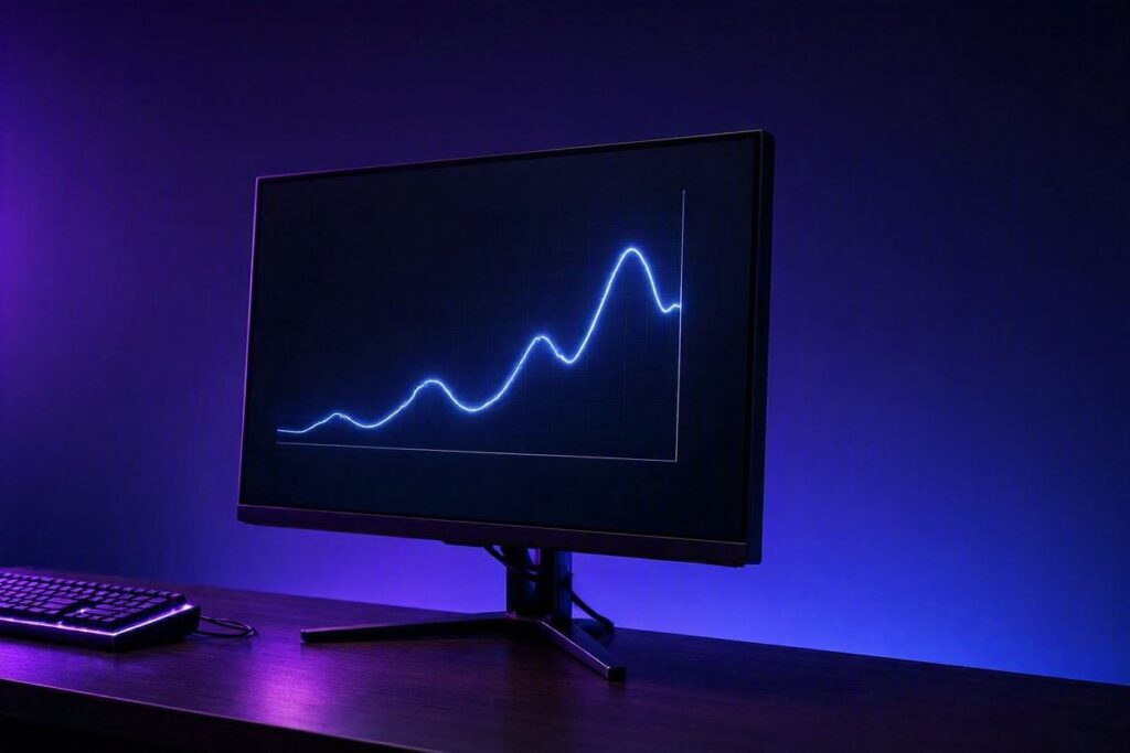 Monitor gamer mostrando gráfico de desempenho FPS com iluminação RGB roxa e azul, estilo Nerdesk