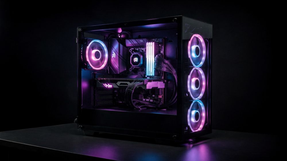 Gabinete de PC gamer com painel de vidro mostrando componentes iluminados em RGB roxo e azul, estilo Nerdesk
