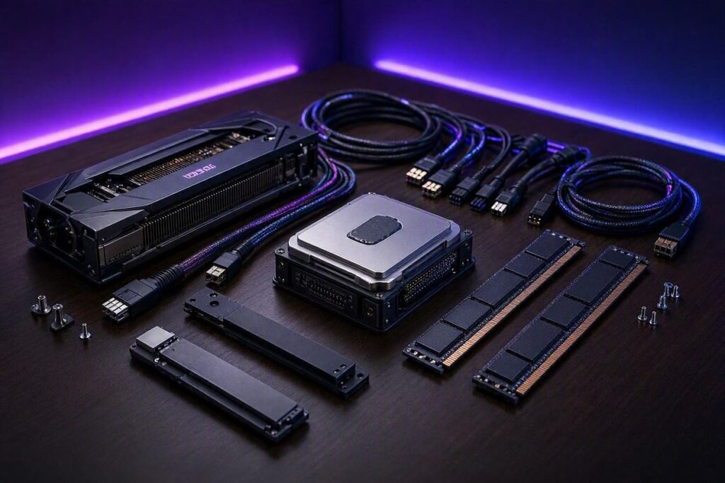 Componentes de hardware variados organizados com iluminação RGB roxa e azul, estilo Nerdesk