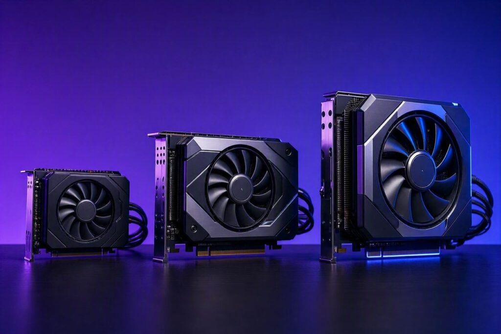 Três placas de vídeo de tamanhos diferentes representando faixas de investimento, com iluminação RGB roxa e azul, estilo Nerdesk