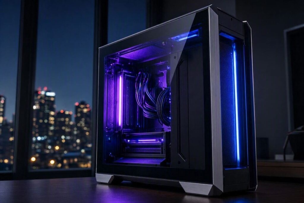 Gabinete de PC gamer à noite com skyline urbana ao fundo, iluminação RGB roxa e azul, estilo Nerdesk
