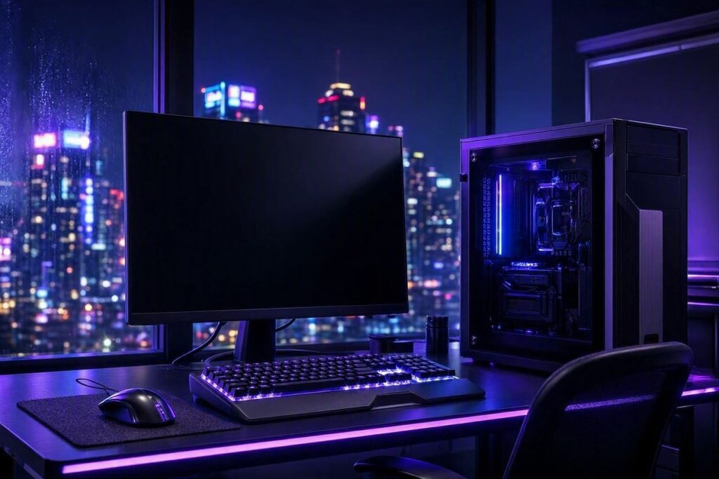 Setup gamer noturno com skyline neon roxo e azul ao fundo, estilo Nerdesk
