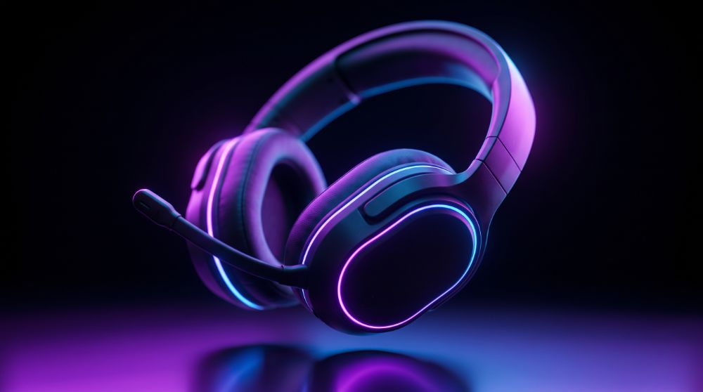 Headset gamer com iluminação RGB roxa e azul, estilo Nerdesk