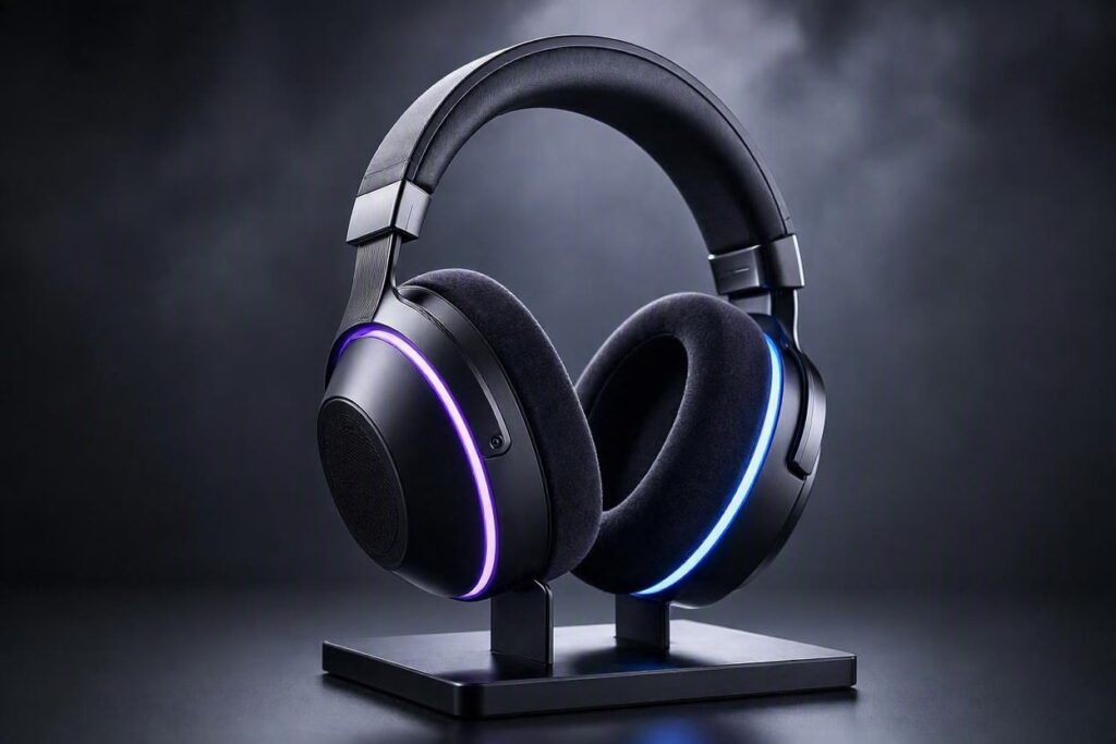 Headset gamer premium num suporte com iluminação RGB roxa e azul, estilo Nerdesk