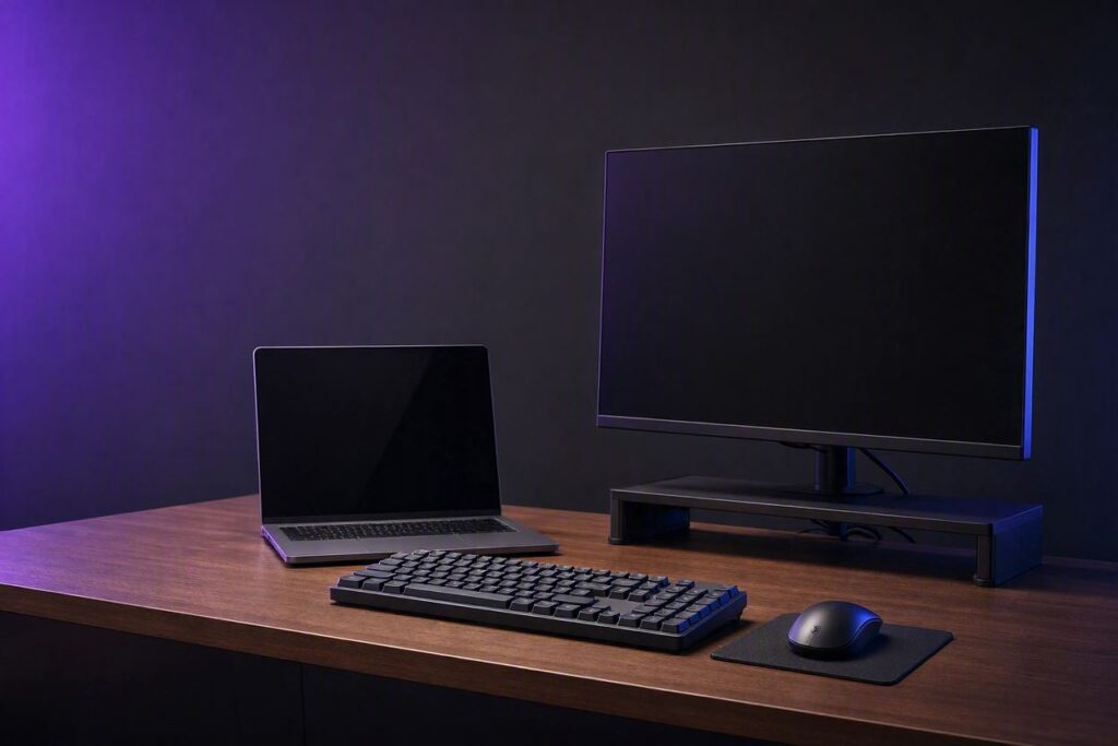 Setup de home office minimalista com iluminação RGB roxa e azul, estilo Nerdesk