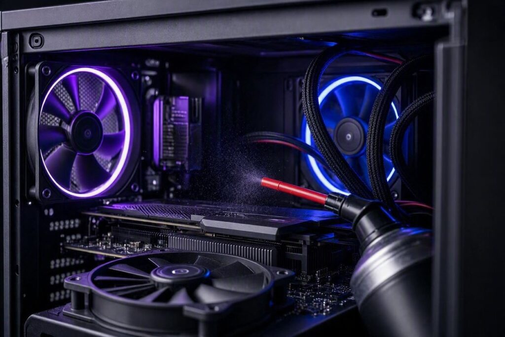 Limpeza de PC gamer com ar comprimido e iluminação RGB roxa e azul, estilo Nerdesk