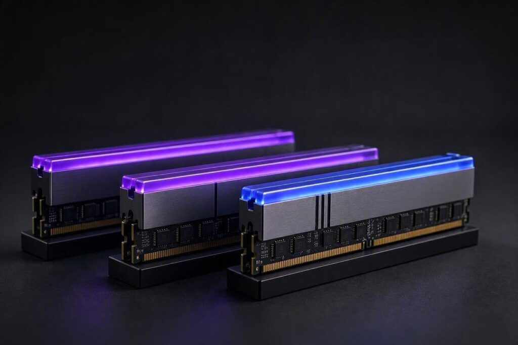 Módulos de memória RAM com iluminação RGB roxa e azul, estilo Nerdesk