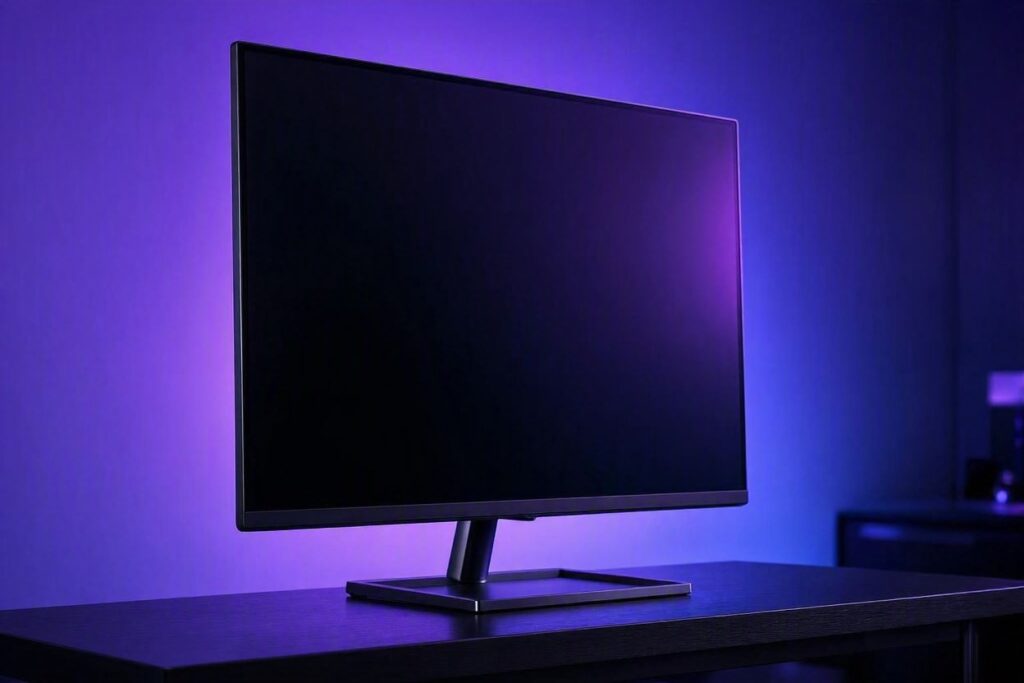 Monitor 32 polegadas QHD IPS com iluminação RGB roxa e azul, estilo Nerdesk