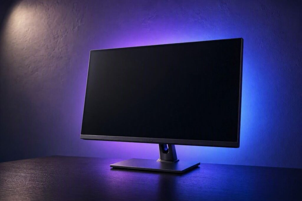 Monitor gamer QHD 180Hz com halo RGB roxo e azul na parede, estilo Nerdesk
