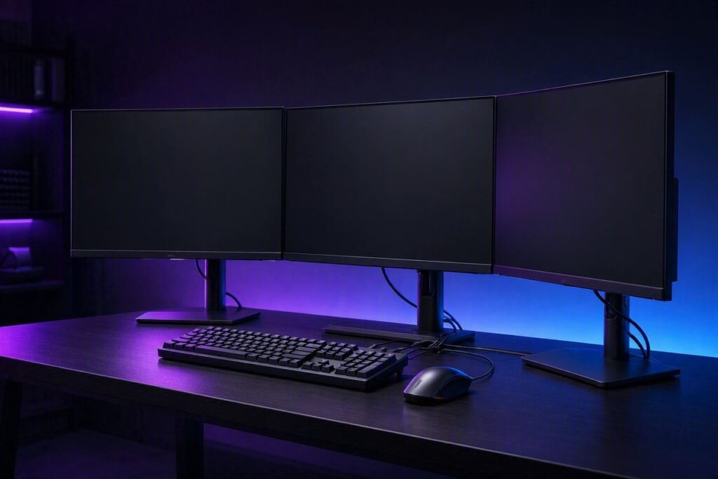 Setup com três monitores e iluminação RGB roxa e azul, estilo Nerdesk