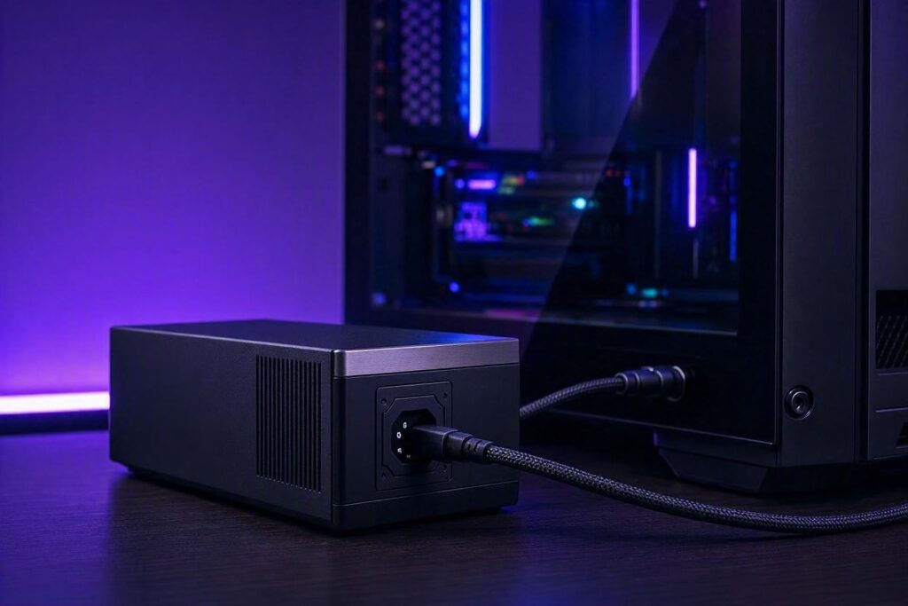 Nobreak conectado a PC gamer com iluminação RGB roxa e azul, estilo Nerdesk