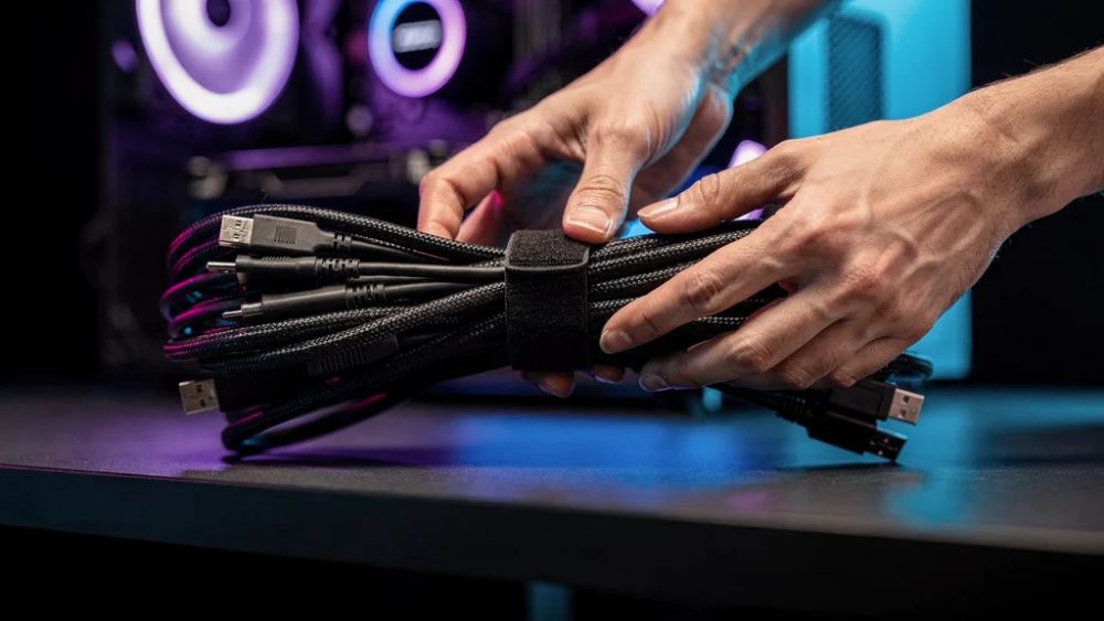 Mãos organizando cabos com abraçadeira de velcro, iluminação RGB roxa e azul, estilo Nerdesk