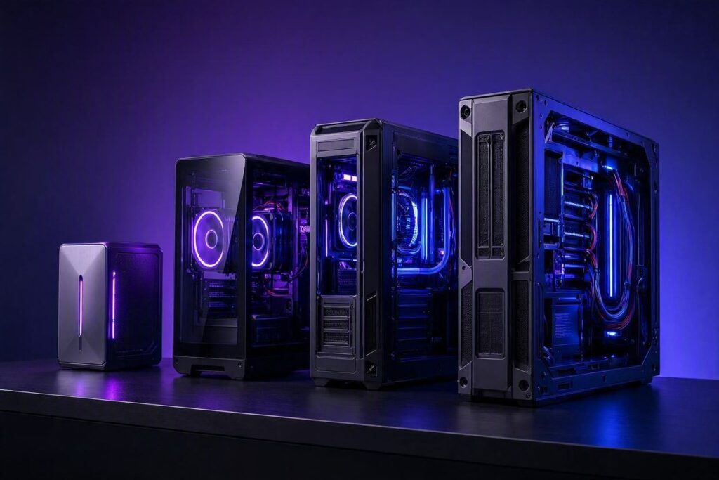 Quatro gabinetes de PC gamer em tamanhos crescentes representando faixas de orçamento, com iluminação RGB roxa e azul, estilo Nerdesk