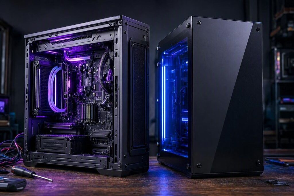Gabinete aberto sendo montado ao lado de PC pronto fechado, com iluminação RGB roxa e azul, estilo Nerdesk