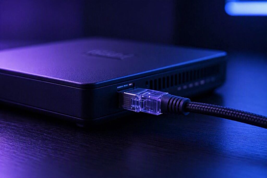 Roteador com cabo ethernet e iluminação RGB roxa e azul, estilo Nerdesk