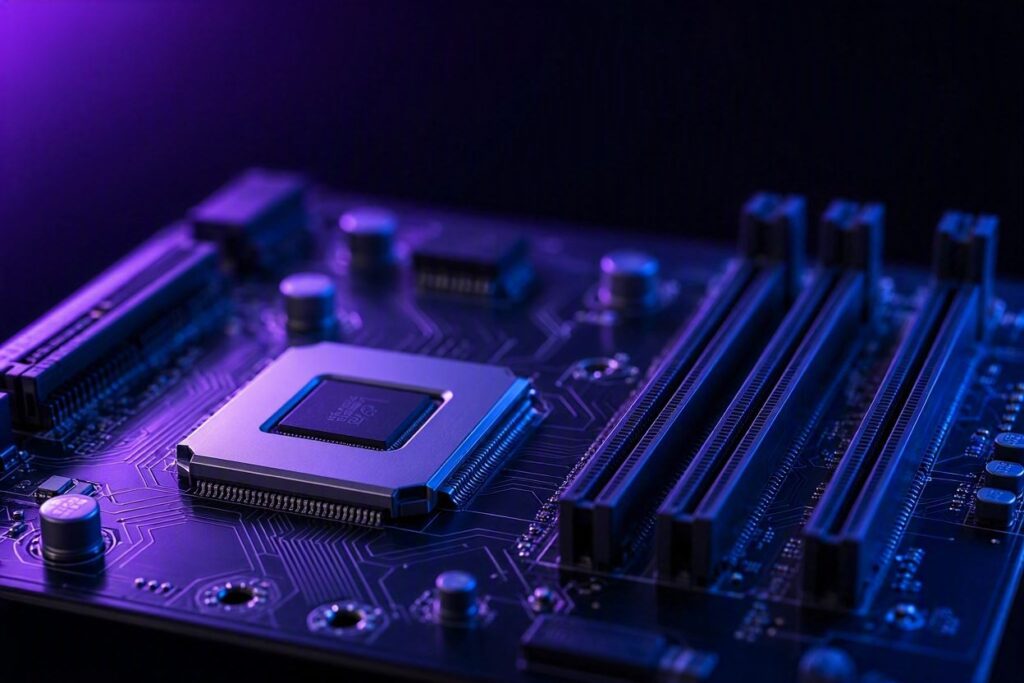 Placa-mãe com iluminação RGB roxa e azul, estilo Nerdesk