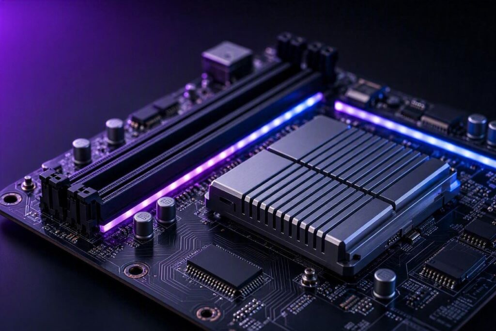 Placa-mãe AM5 com iluminação RGB roxa e azul, estilo Nerdesk