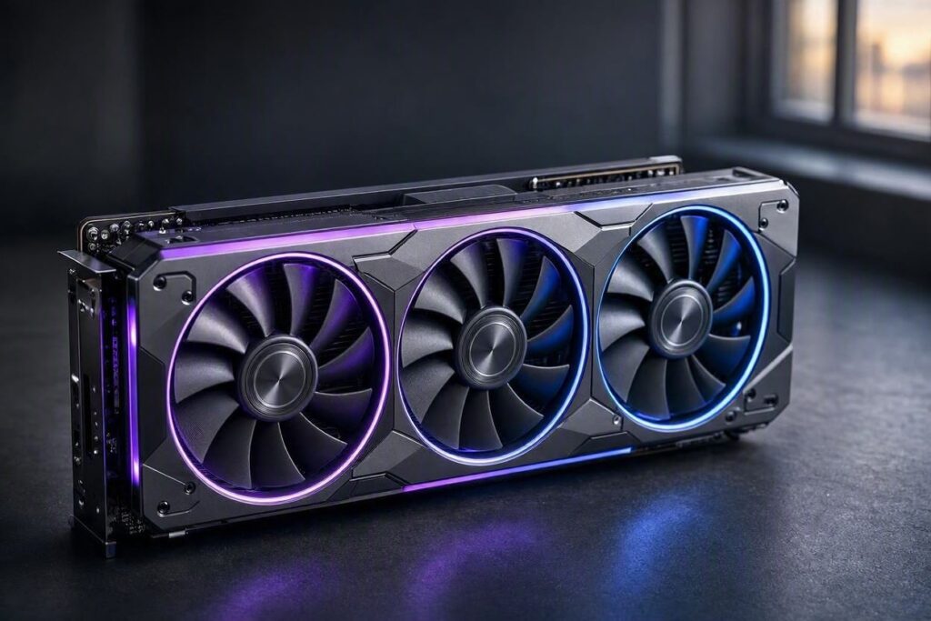 Placa de vídeo GPU com iluminação RGB roxa e azul, estilo Nerdesk