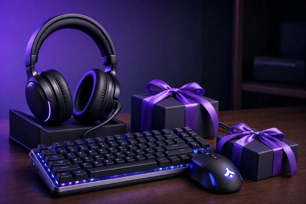 Periféricos gamer embrulhados como presente com fita roxa, iluminação RGB, estilo Nerdesk