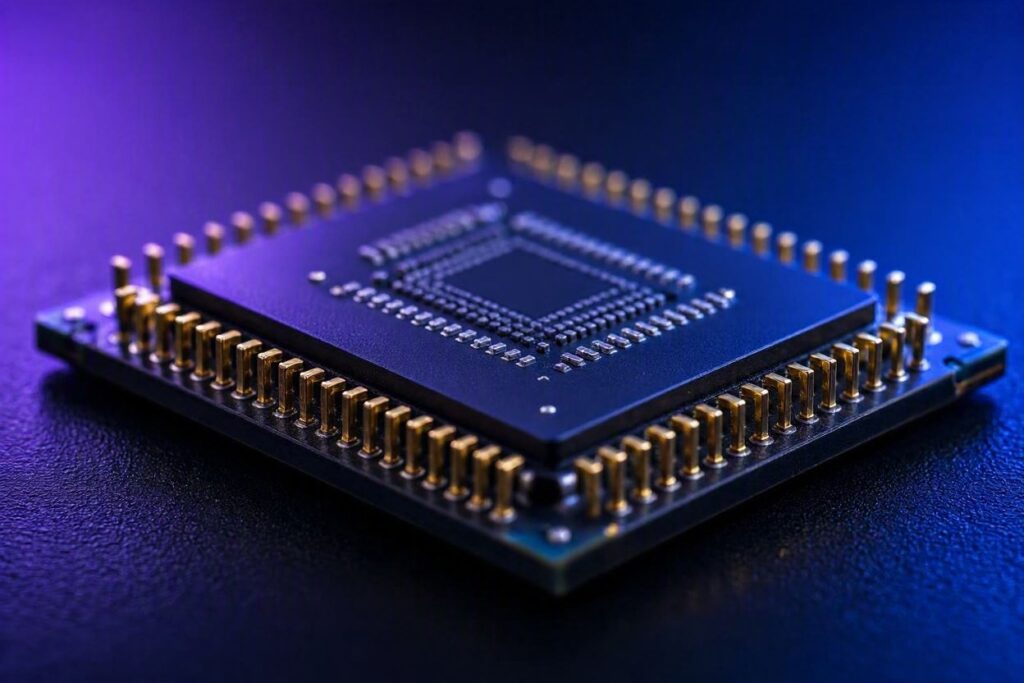 Processador CPU com iluminação RGB roxa e azul, estilo Nerdesk