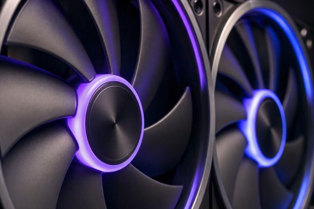 Fans silenciosos de PC em close-up com iluminação RGB roxa e azul, estilo Nerdesk