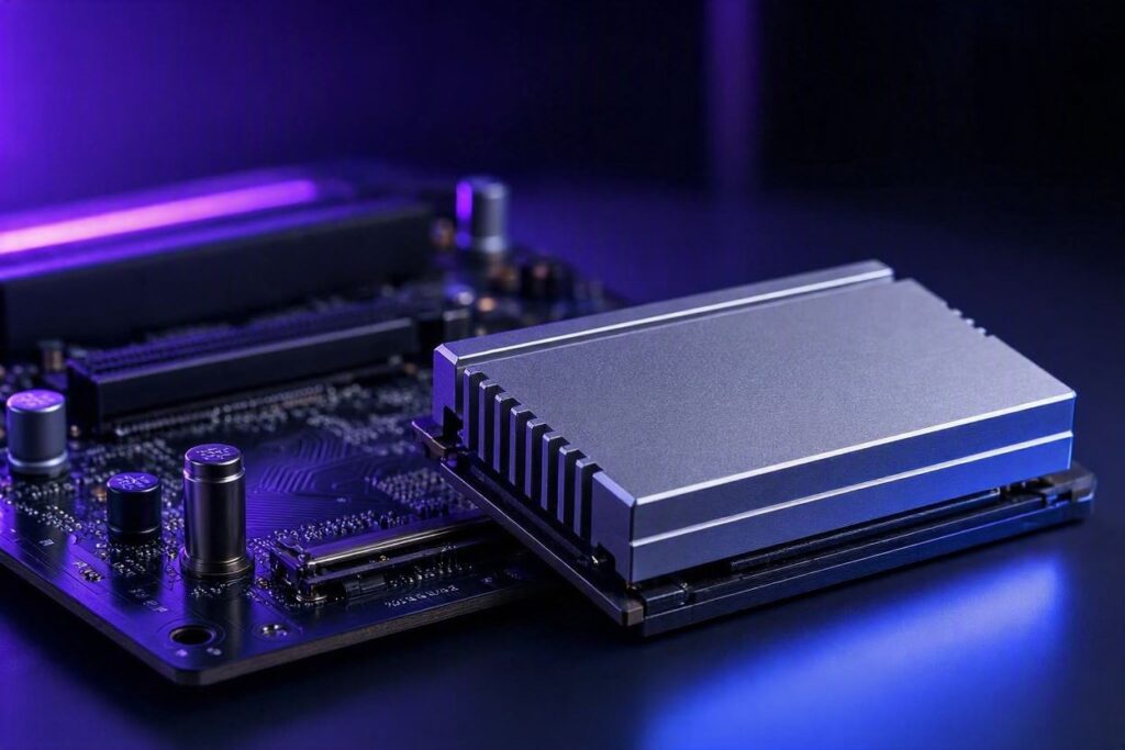 SSD com dissipador sobre placa-mãe com iluminação RGB roxa e azul, estilo Nerdesk