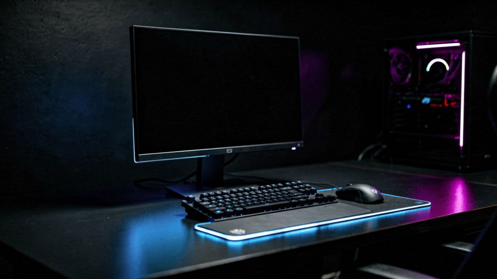 Estação de e-sports CS/FPS com iluminação RGB azul e roxa, estilo Nerdesk
