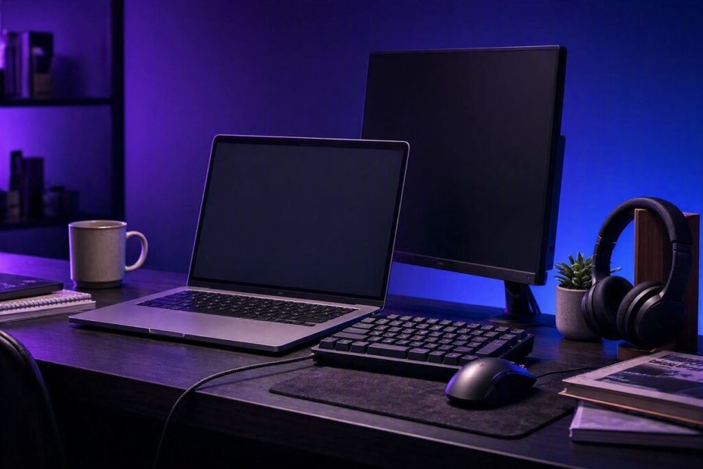 Setup gamer real e aconchegante com iluminação RGB roxa e azul, estilo Nerdesk