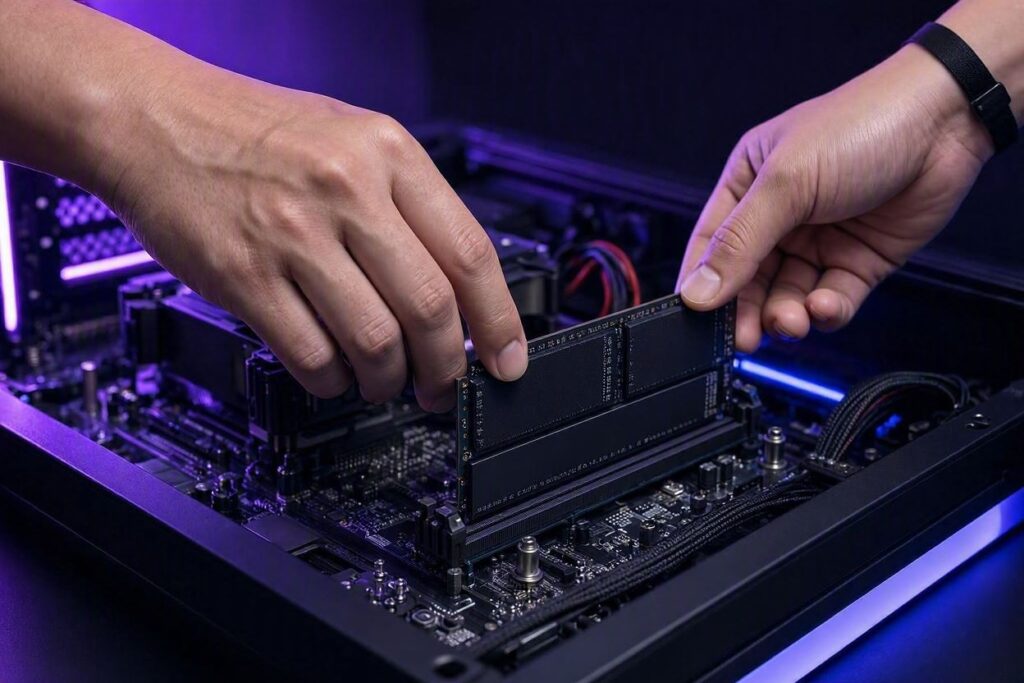 Mãos instalando memória RAM em PC com iluminação RGB roxa e azul, estilo Nerdesk