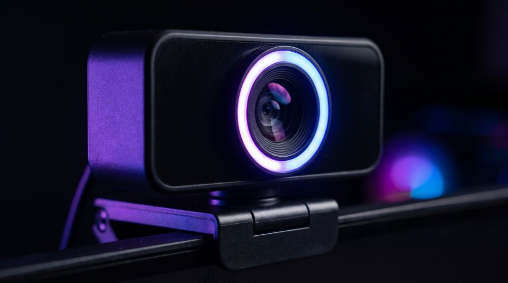 Webcam gamer com anel de luz RGB roxa e azul, estilo Nerdesk